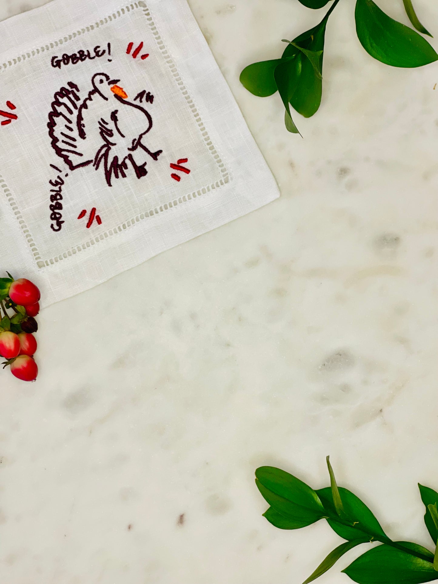 Plum Turkey Embroidered Linen Cocktail Napkins (S/4)