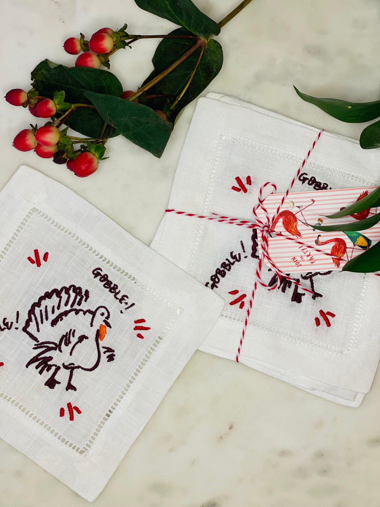 Plum Turkey Embroidered Linen Cocktail Napkins (S/4)