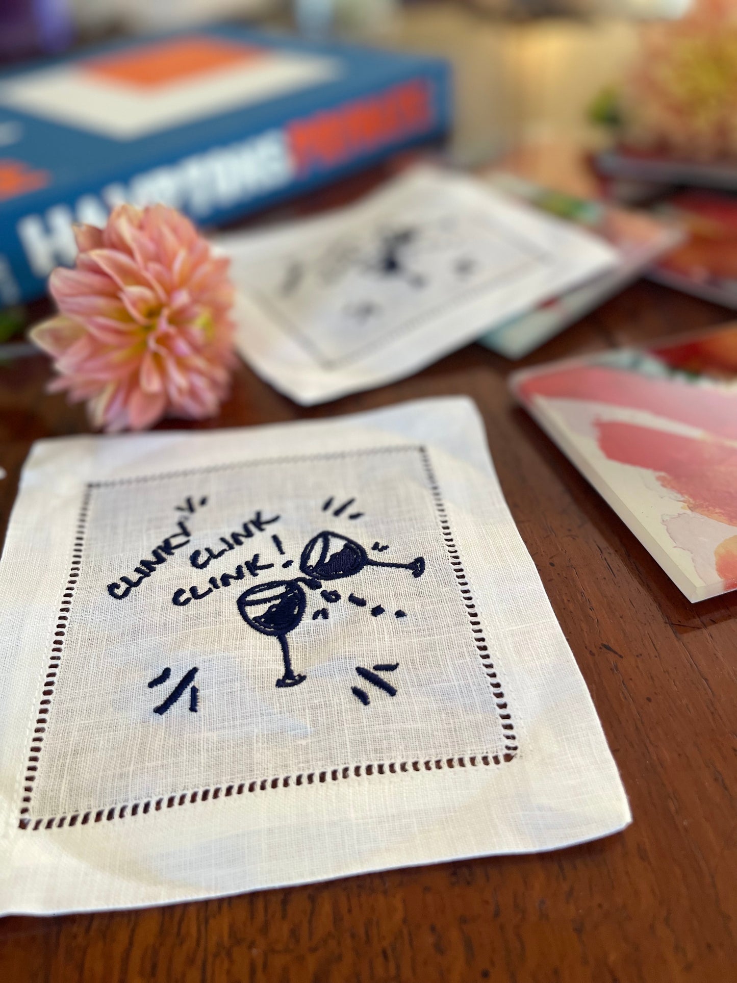 Navy Clinky Clink Clink Embroidered Linen Cocktail Napkins (S/4)