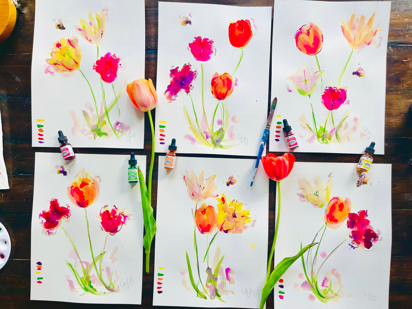 Watercolor Tulip Farm Study 4
