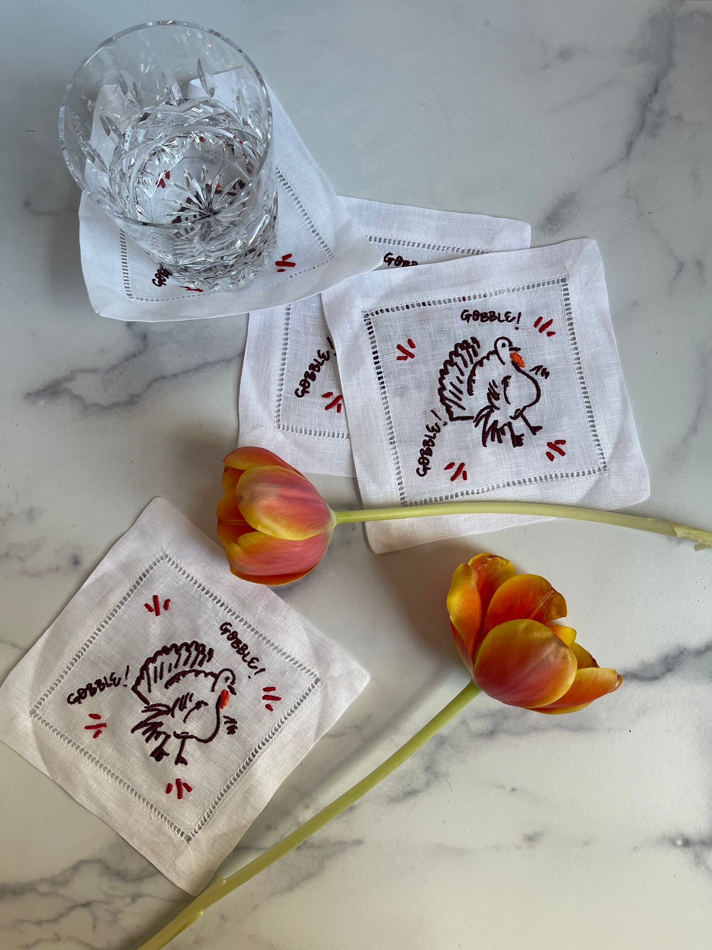 Plum Turkey Embroidered Linen Cocktail Napkins (S/4)