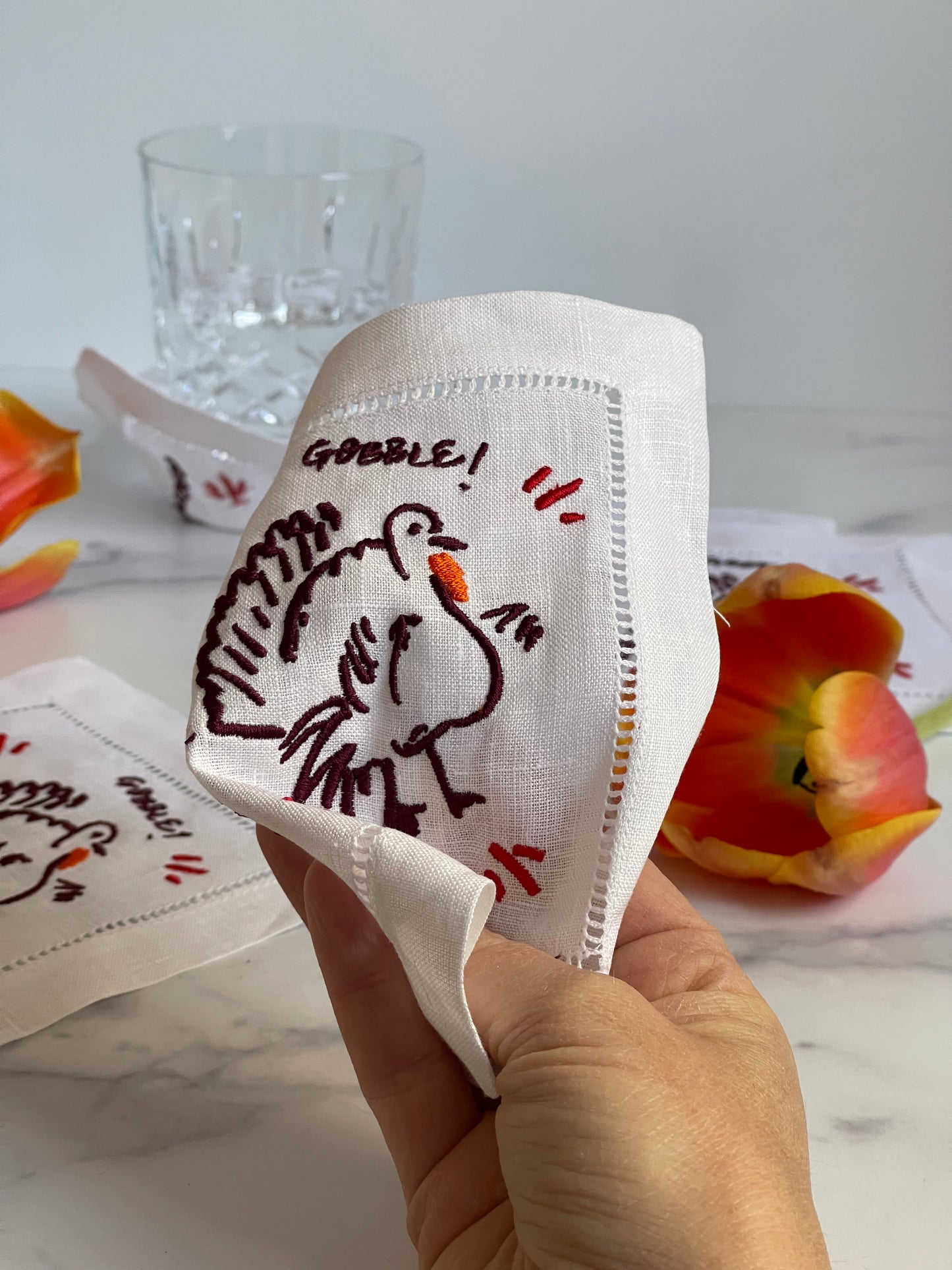 Plum Turkey Embroidered Linen Cocktail Napkins (S/4)