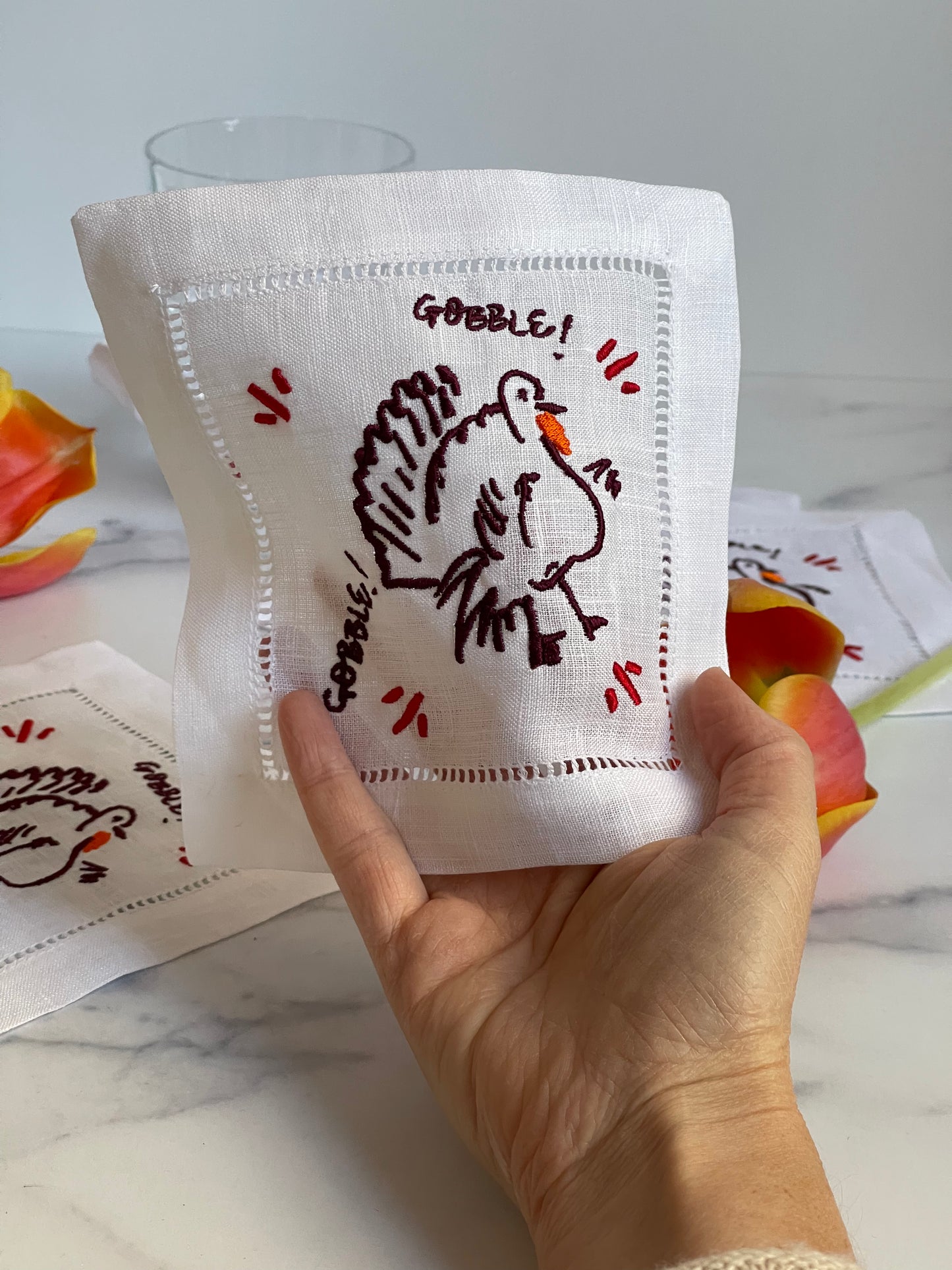 Plum Turkey Embroidered Linen Cocktail Napkins (S/4)