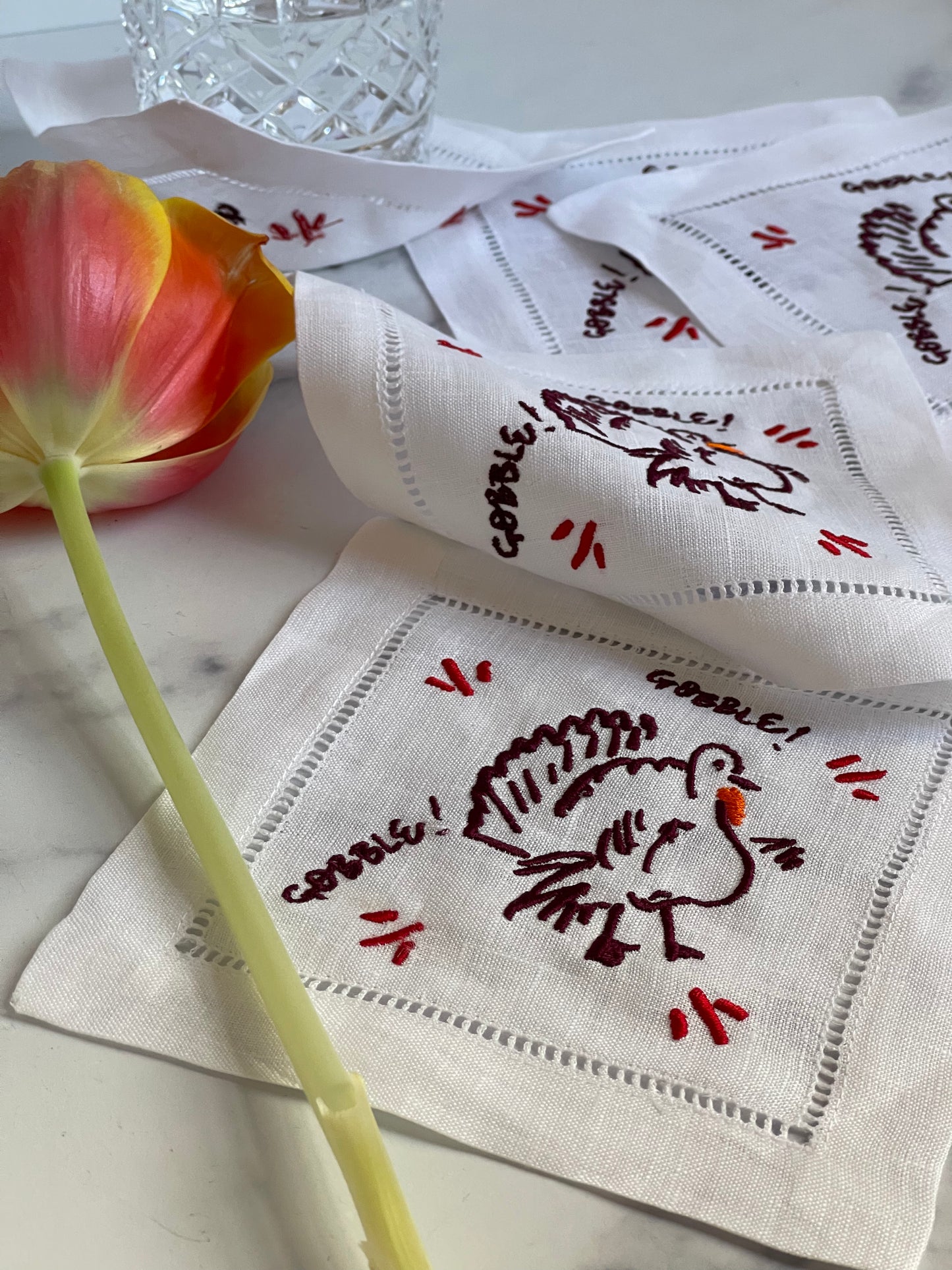 Plum Turkey Embroidered Linen Cocktail Napkins (S/4)