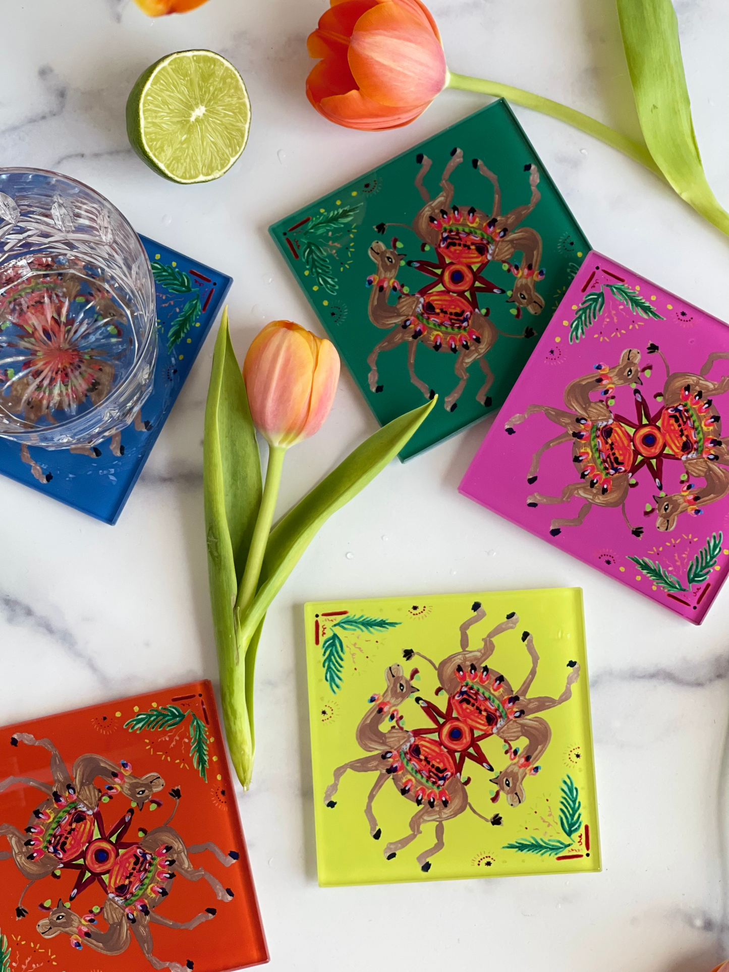 S/4 Multi Animal Coasters - Random Assortment of 4 Different Animals, 4 Different Colors