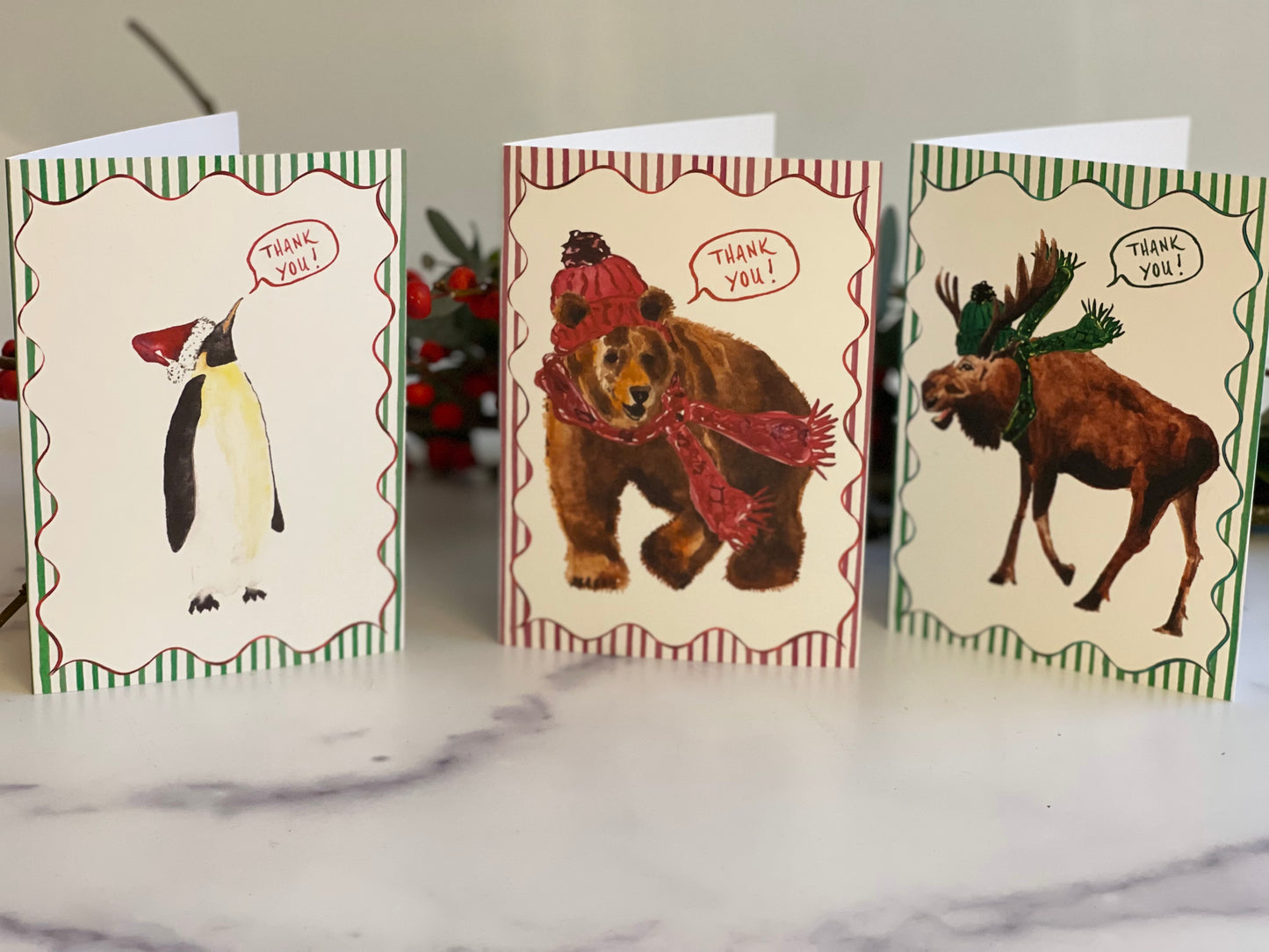 Winter Brown Bear Thank You Notecards w Blank Envelopes (S/8)