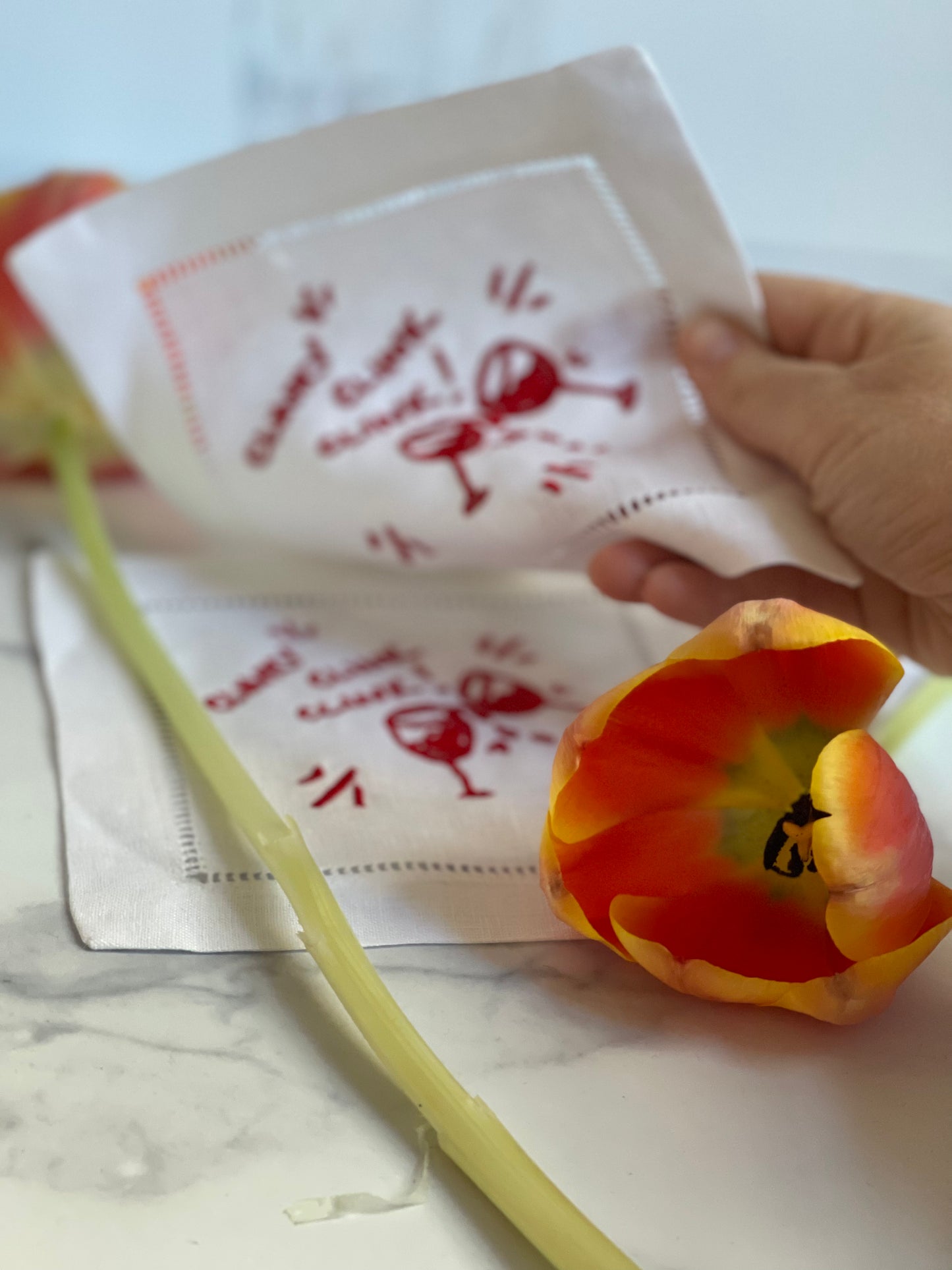 Red Clinky Clink Clink Embroidered Linen Cocktail Napkins (S/4)