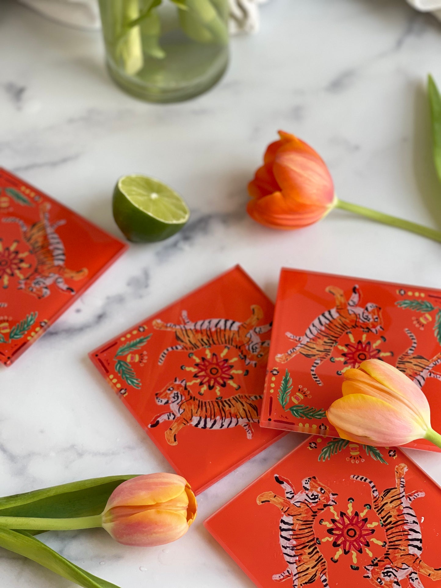 Orange Tiger Coaster Set (S/4)