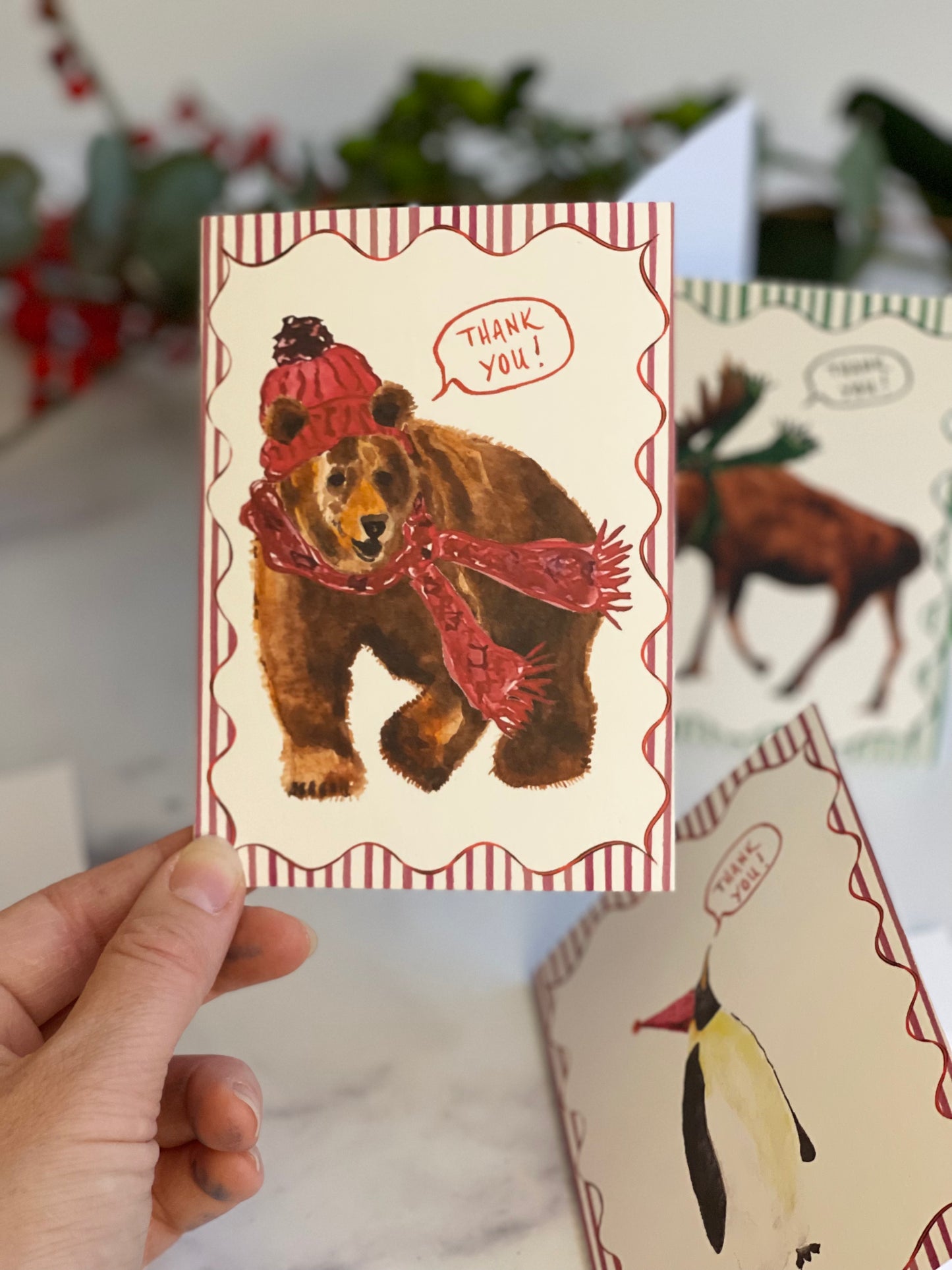 Winter Brown Bear Thank You Notecards w Blank Envelopes (S/8)