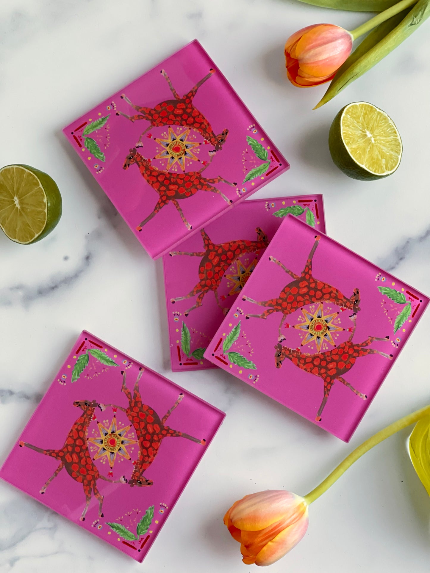 Pink Giraffe Coaster Set (S/4)