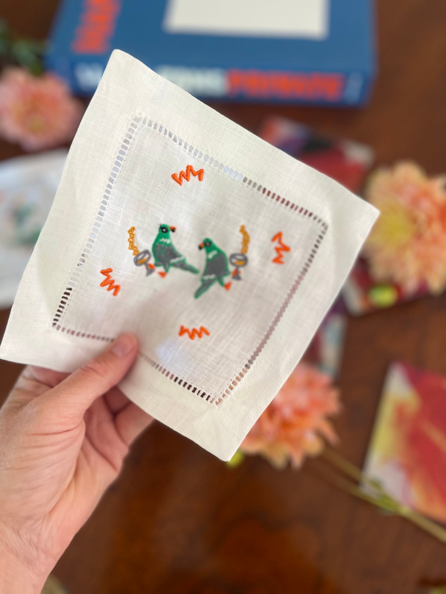 Silly Party Pigeons Embroidered Linen Cocktail Napkins (S/4)