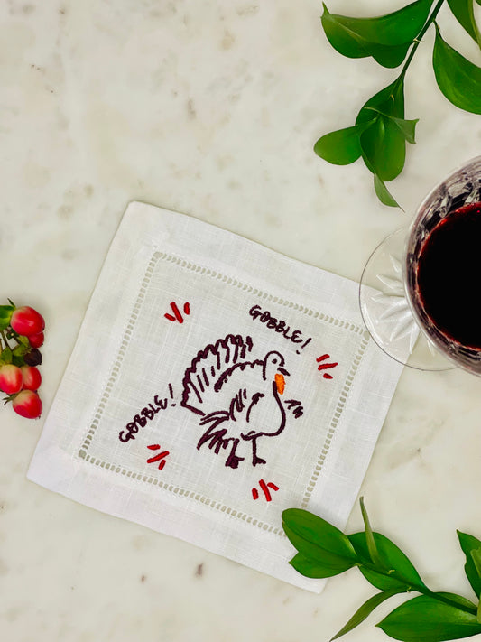 Plum Turkey Embroidered Linen Cocktail Napkins (S/4)