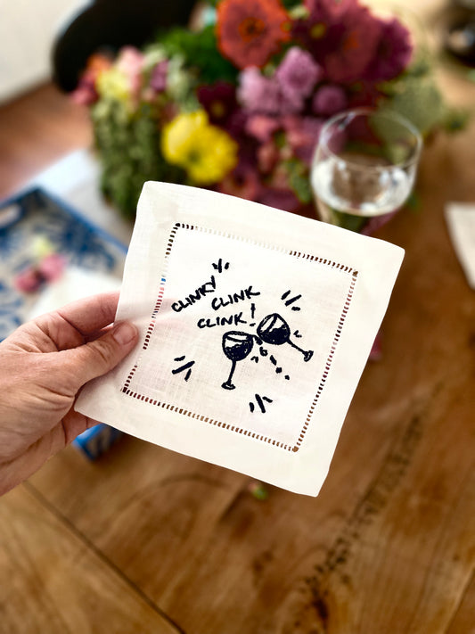 Navy Clinky Clink Clink Embroidered Linen Cocktail Napkins (S/4)