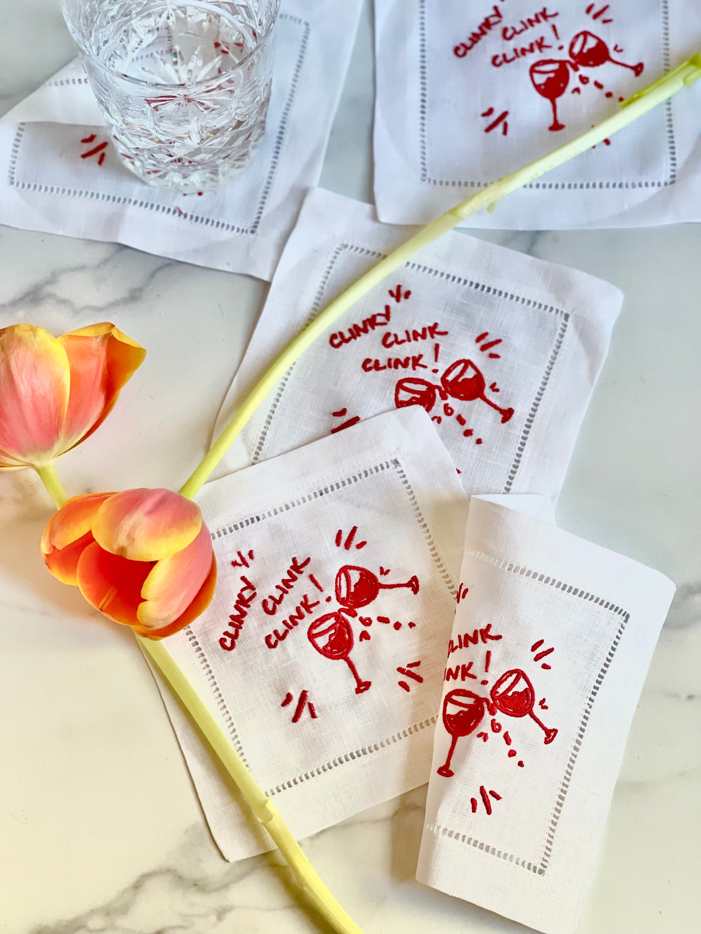 Red Clinky Clink Clink Embroidered Linen Cocktail Napkins (S/4)