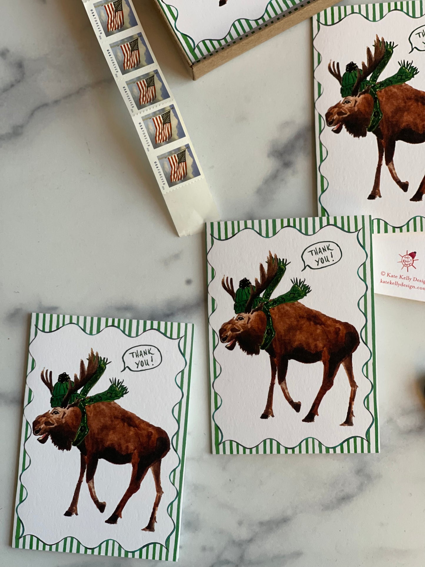 Green Winter Moose Thank You Notecards w Blank Envelopes (S/8)