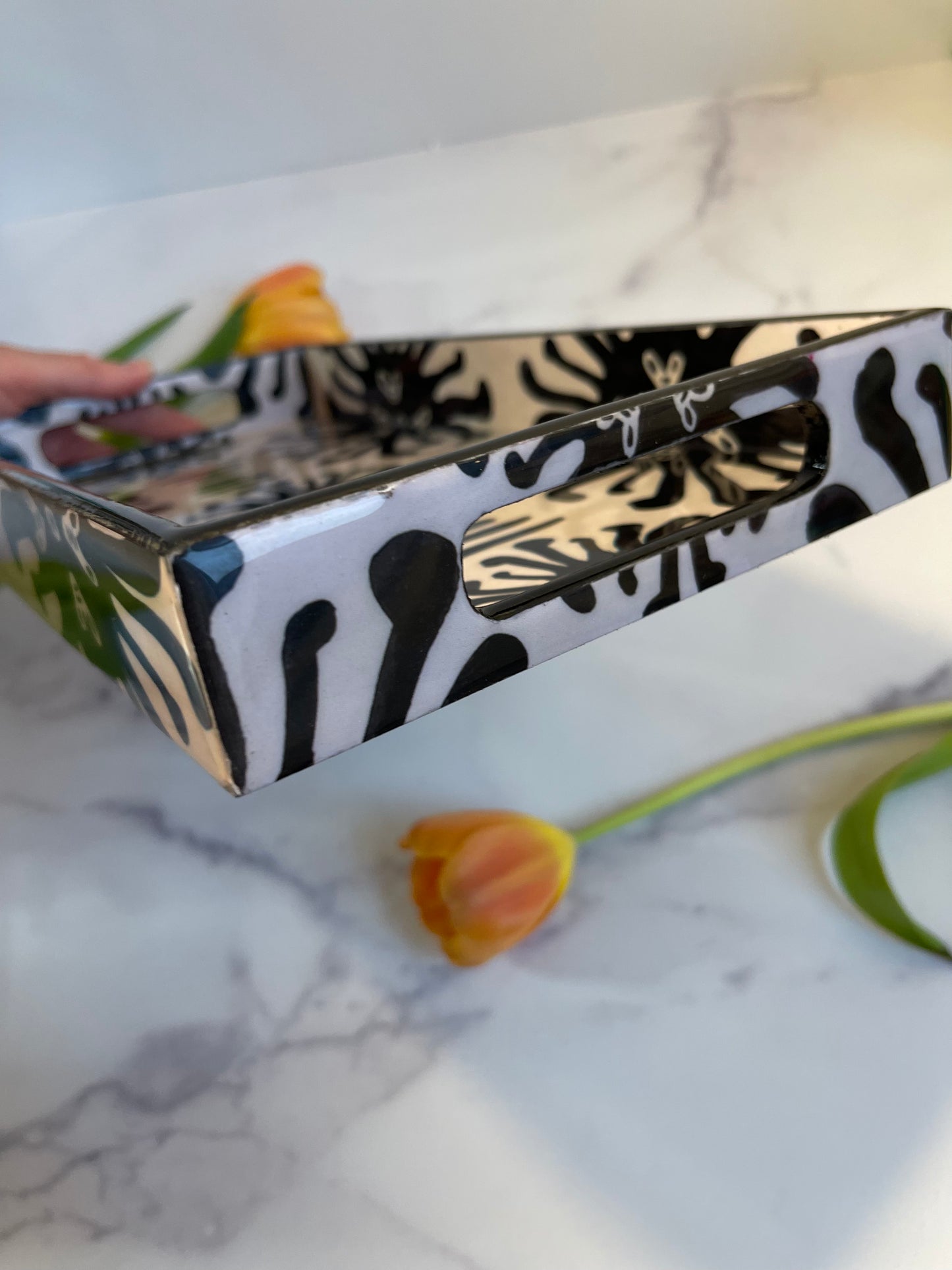 Black/Off White Ikat Rectangular Wood Tray