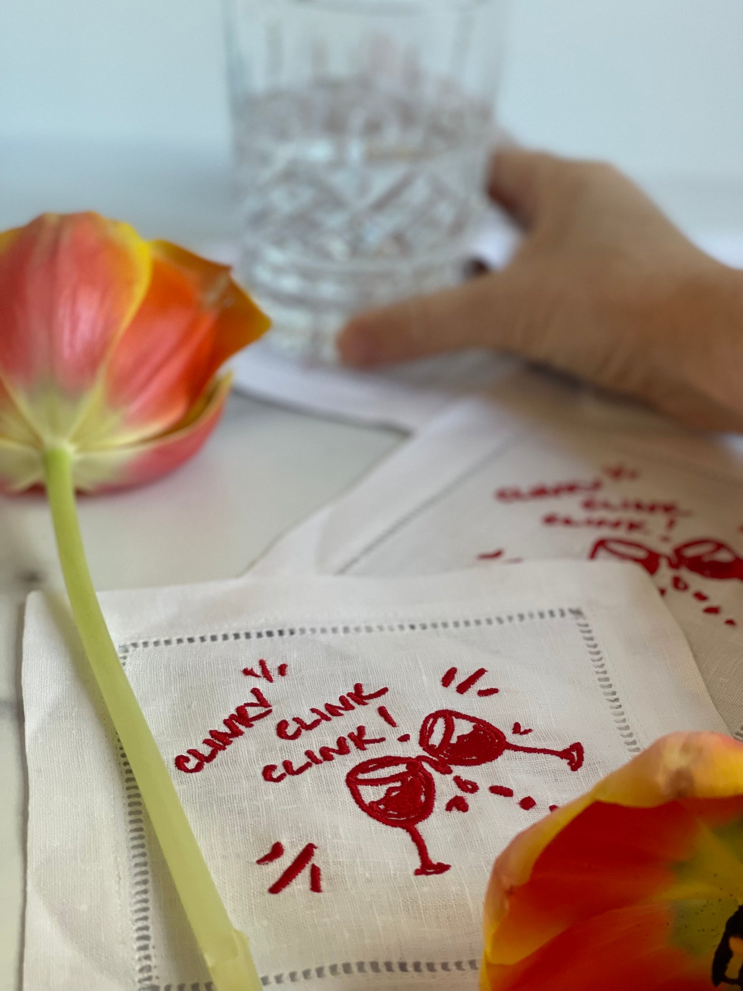 Red Clinky Clink Clink Embroidered Linen Cocktail Napkins (S/4)