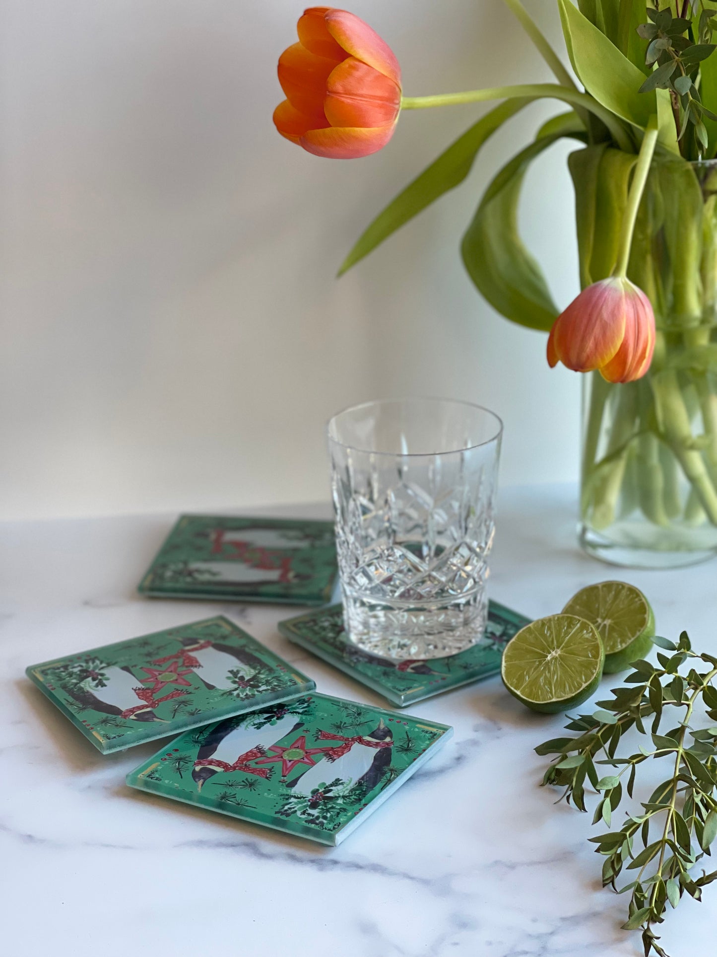 Green Holiday Penguin Coaster (S/4)