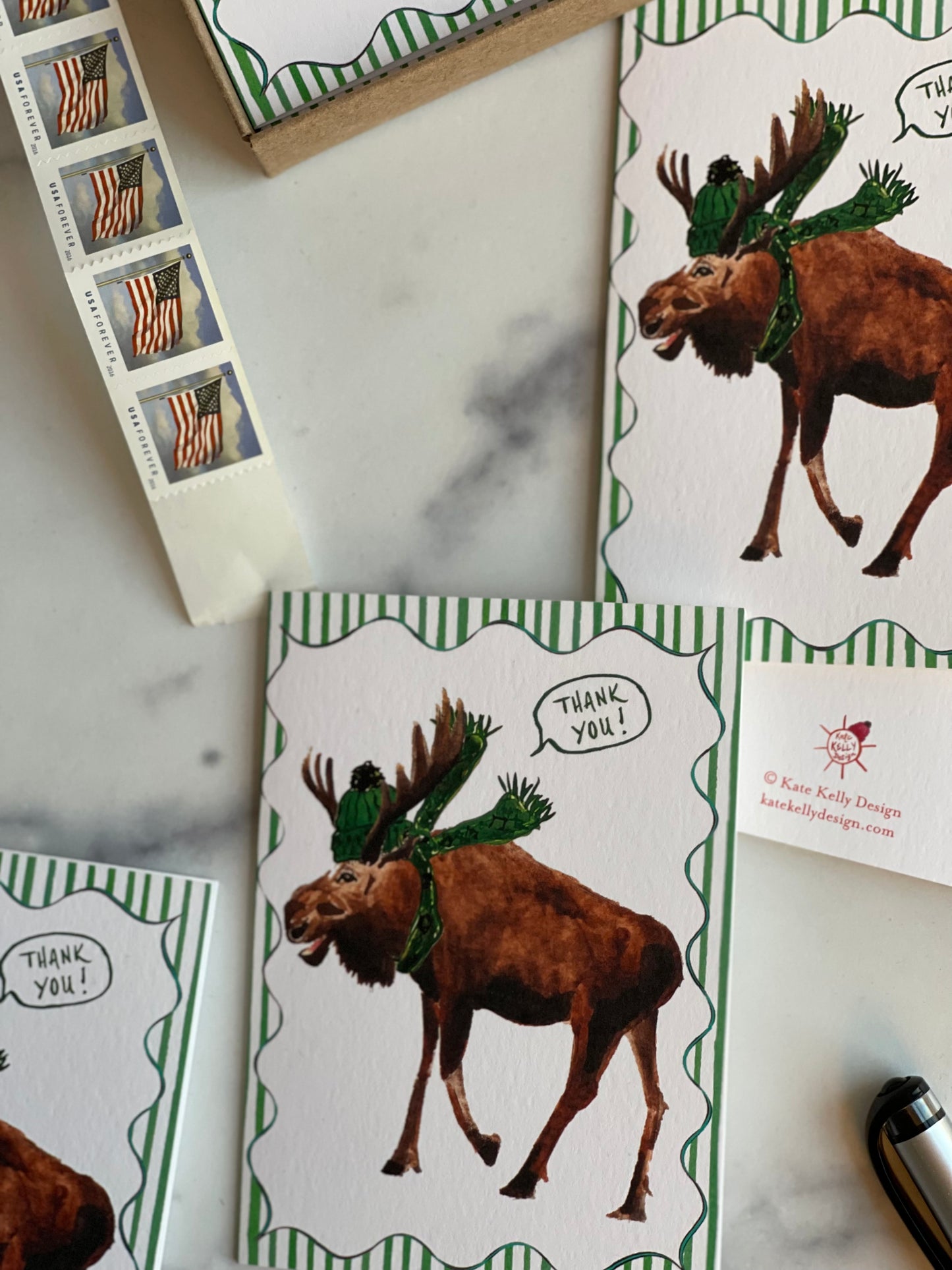 Green Winter Moose Thank You Notecards w Blank Envelopes (S/8)