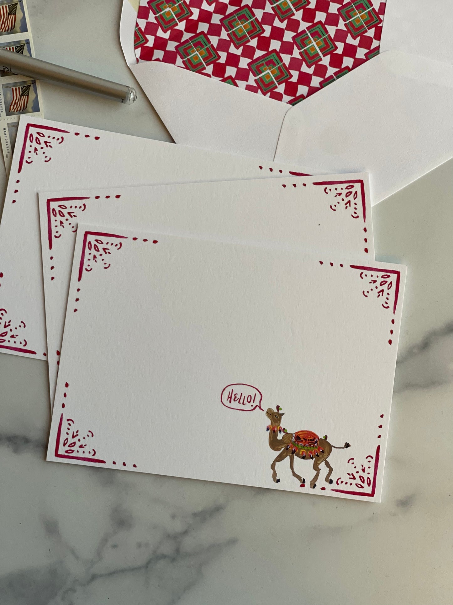 A7 Red Camel Stationery w Red Tile Lined Envelopes (S/10)