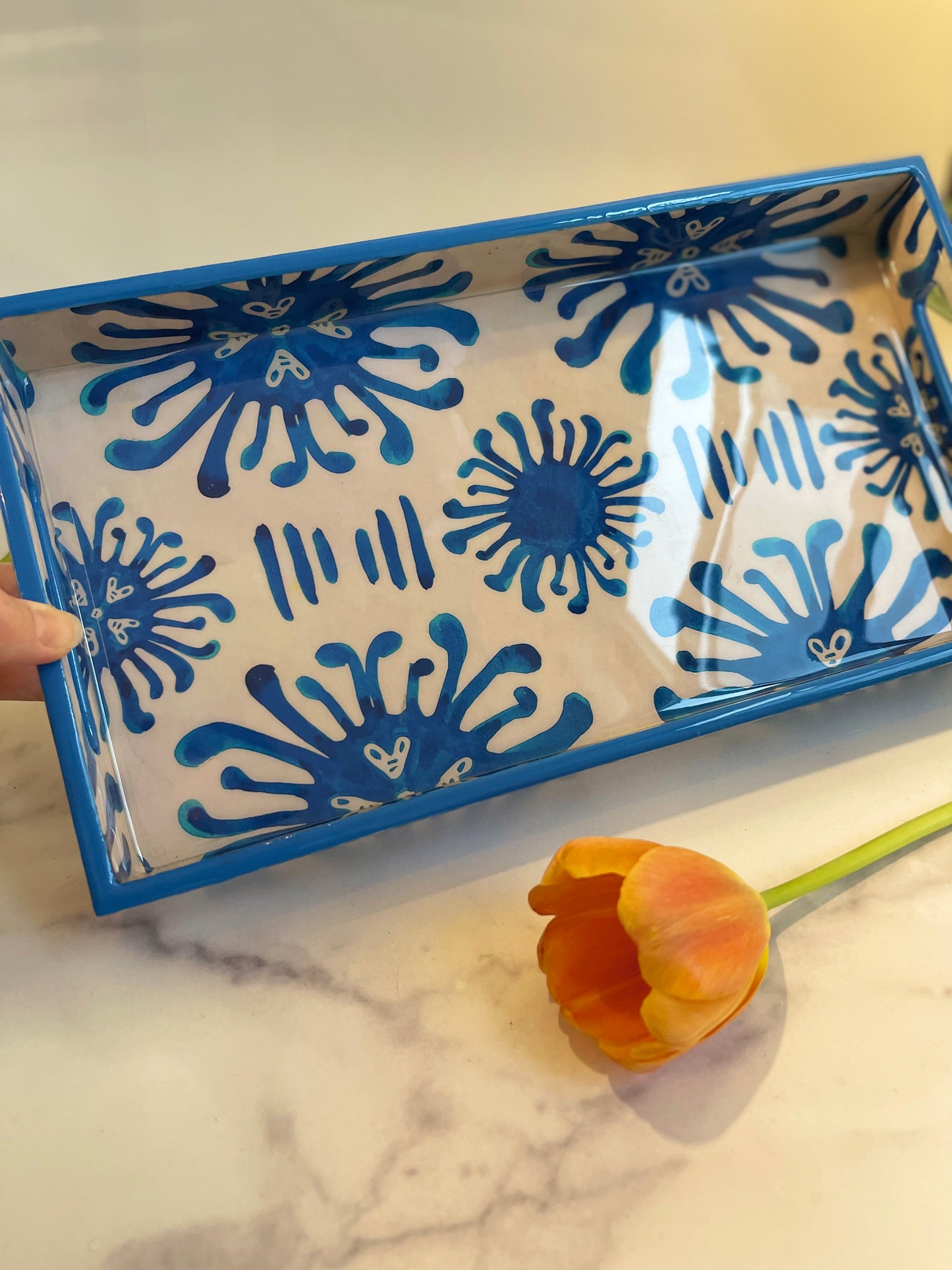 Light Blue/Off White Ikat Rectangular Wood Tray