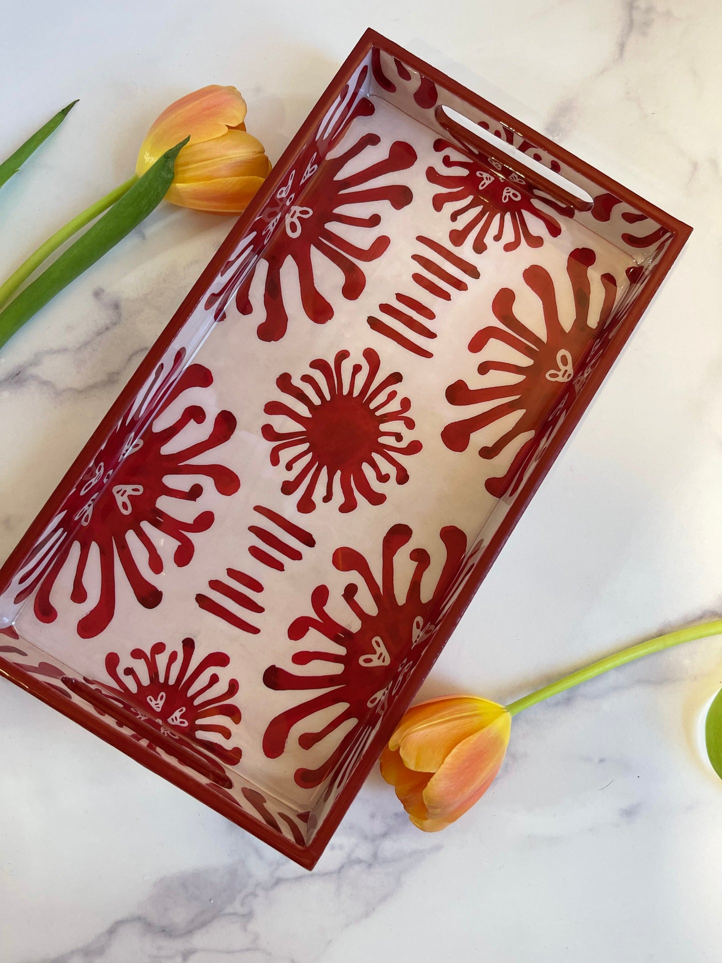 Red/Off White Ikat Rectangular Wood Tray