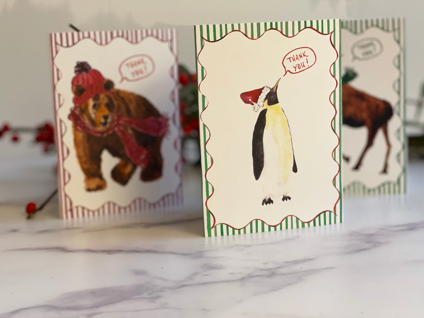 Santa Penguin Thank You Notecards w Blank Envelopes (S/8)