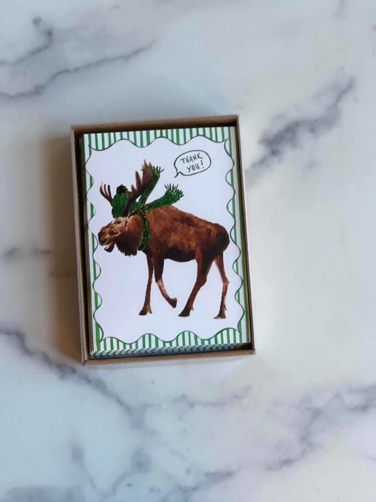 Green Winter Moose Thank You Notecards w Blank Envelopes (S/8)