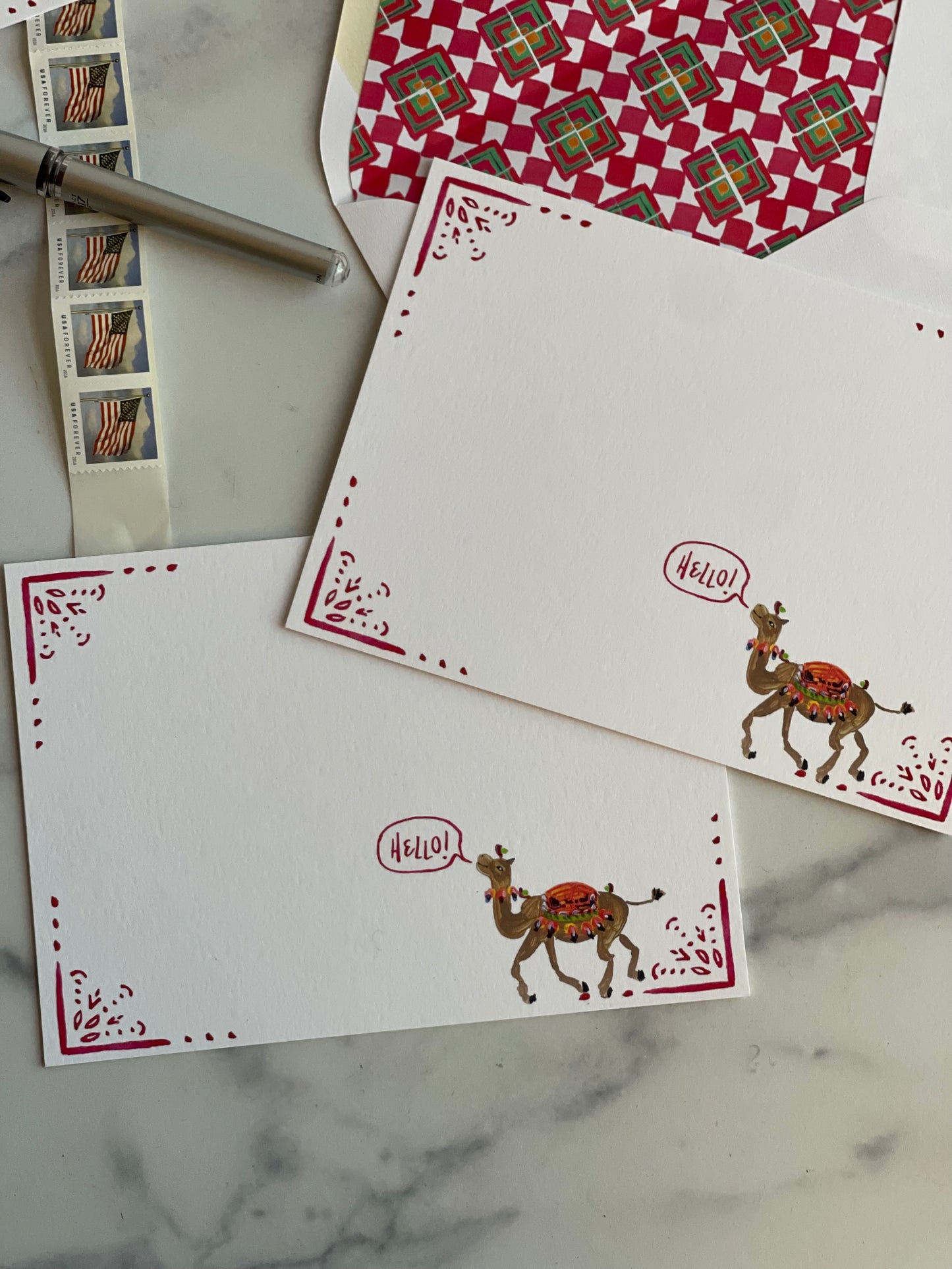 A7 Red Camel Stationery w Red Tile Lined Envelopes (S/10)