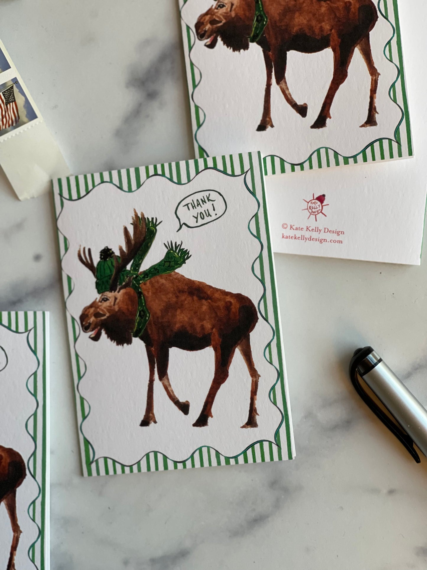 Green Winter Moose Thank You Notecards w Blank Envelopes (S/8)