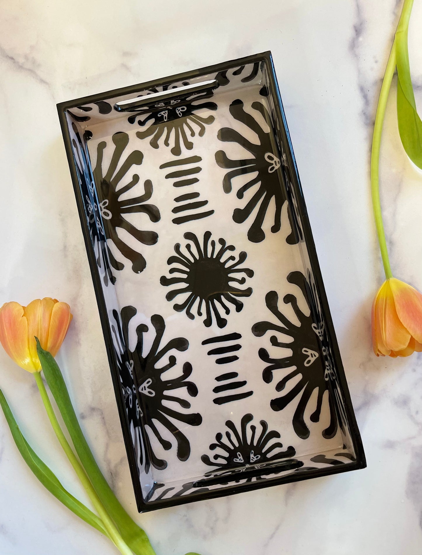 Black/Off White Ikat Rectangular Wood Tray