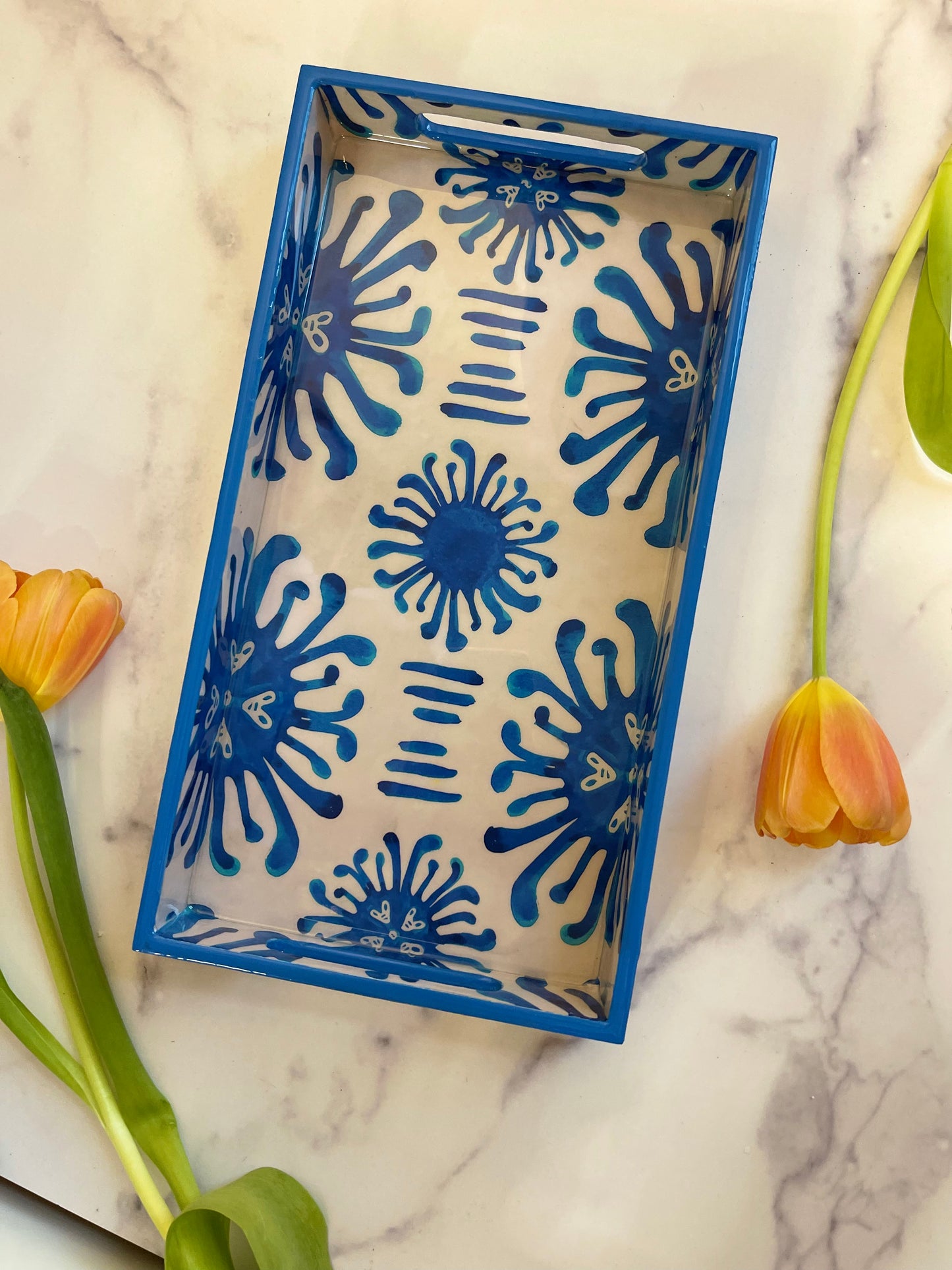 Light Blue/Off White Ikat Rectangular Wood Tray