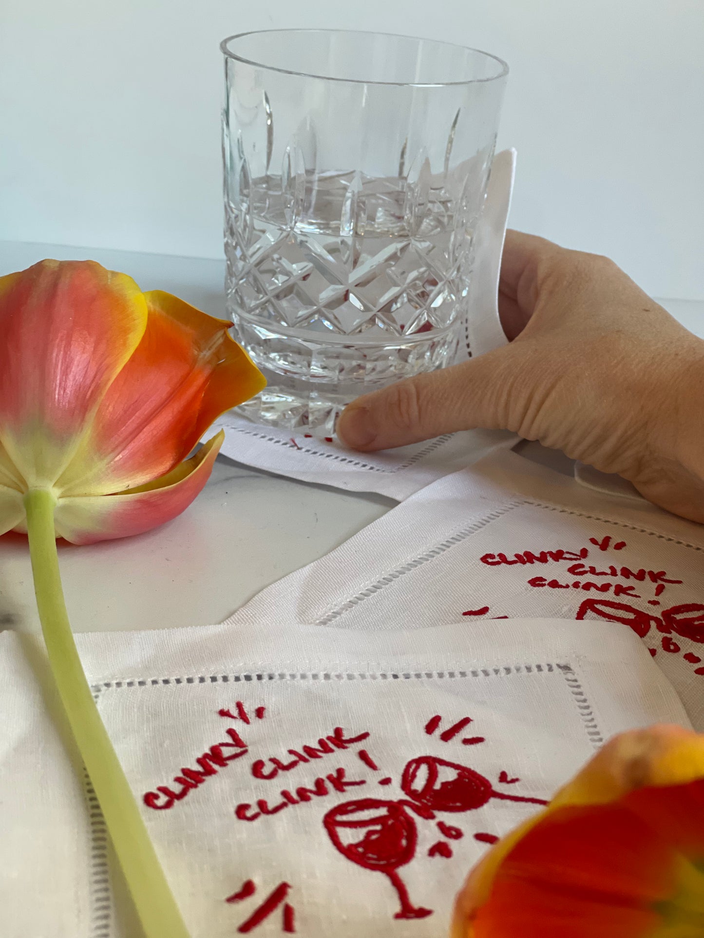 Red Clinky Clink Clink Embroidered Linen Cocktail Napkins (S/4)