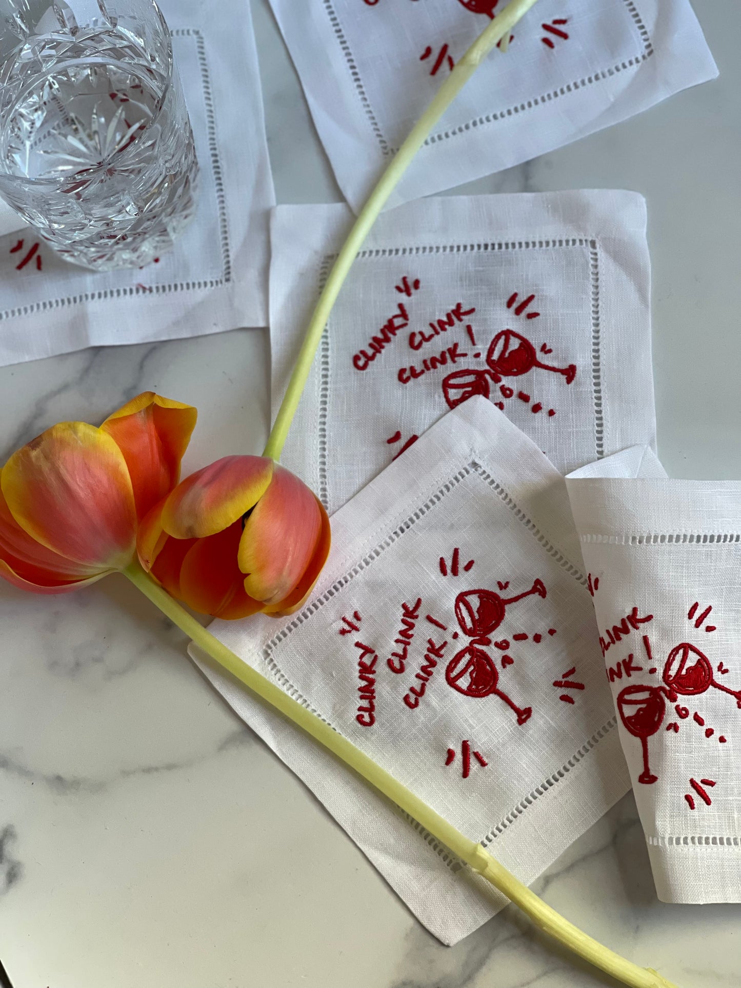 Red Clinky Clink Clink Embroidered Linen Cocktail Napkins (S/4)