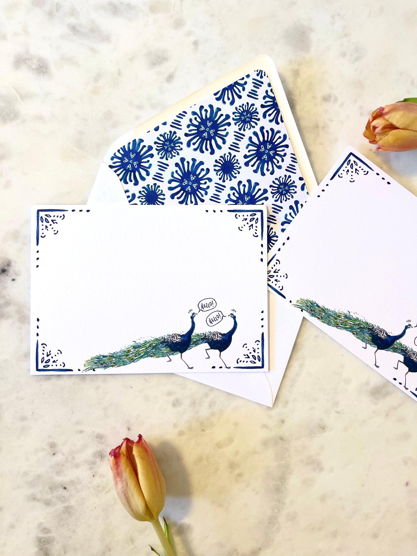 A7 Blue Peacock Stationery w Blue Ikat Lined Envelopes (S/10)