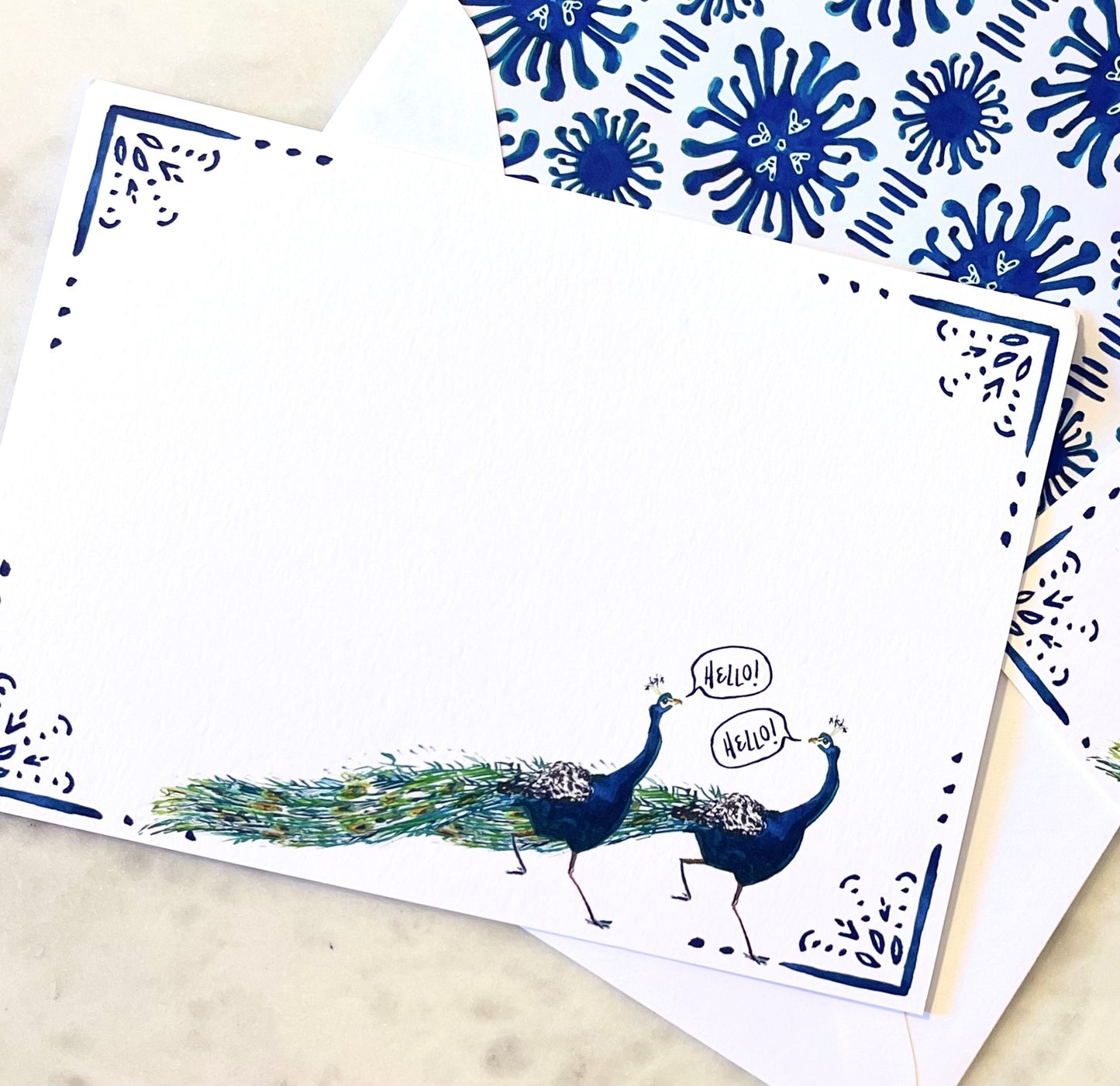 A7 Blue Peacock Stationery w Blue Ikat Lined Envelopes (S/10)